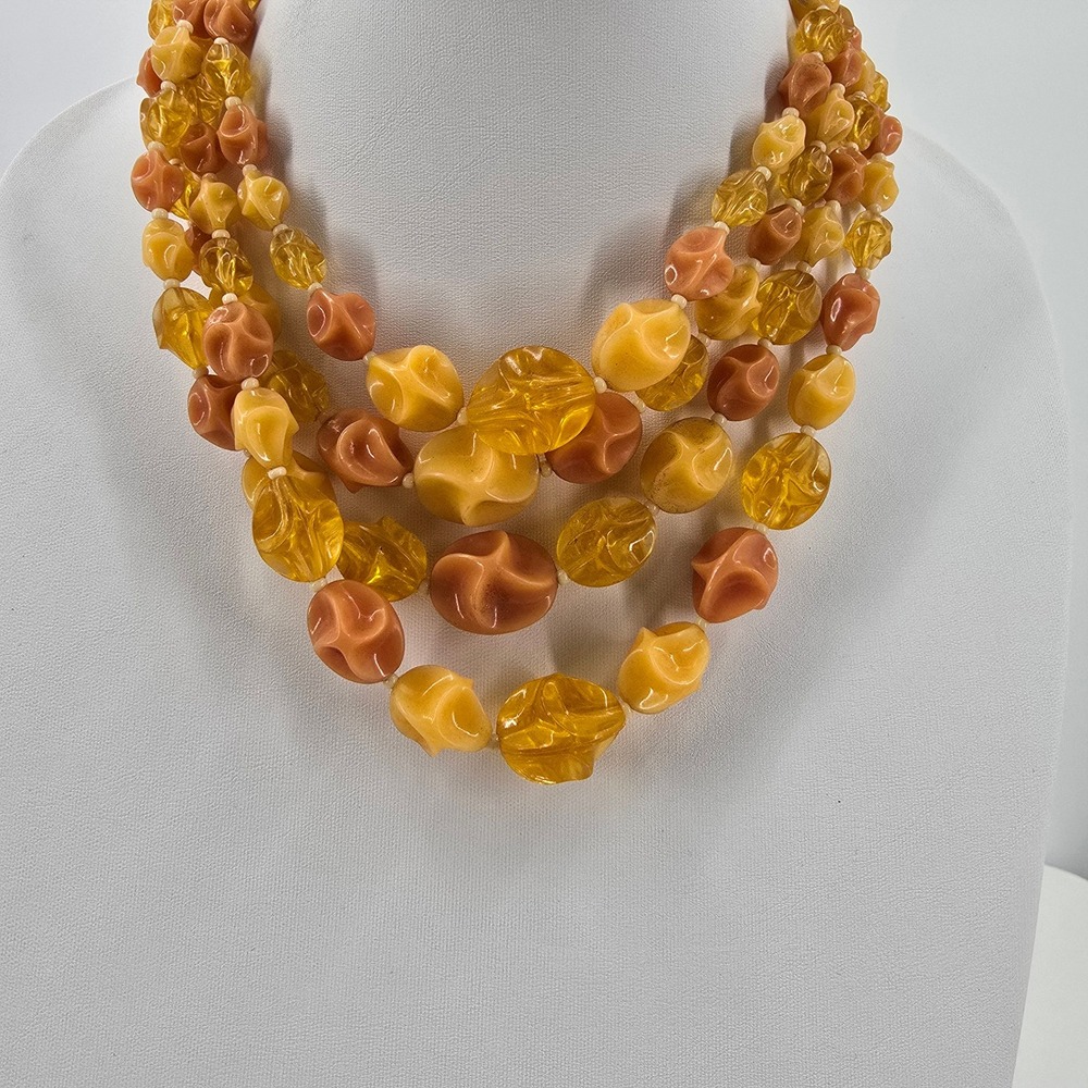 Vintage West Germany 3 Strand Acrylic Lucite Bead Necklace Amber Coral Gold Tone